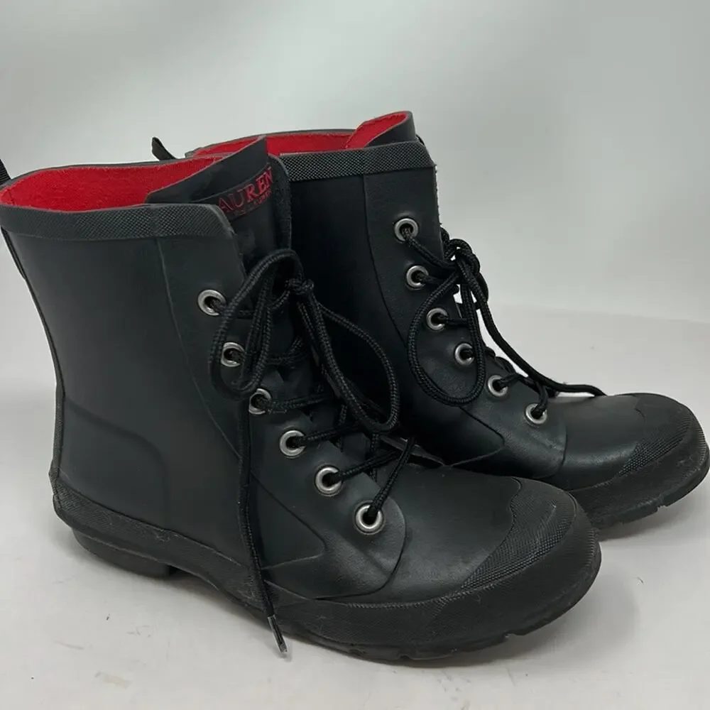 Lauren Ralph Lauren Mikenna Women's Black Rubber Lace Up Ankle Boots Size 6